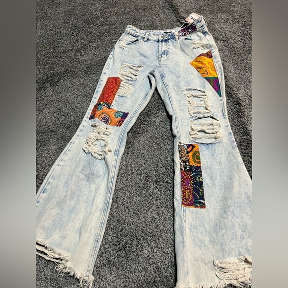 Vintage  Jeans 80s 70s Patchwork Denim Pants Statement Boho Festival Y2K size 11 - Picture 1 of 6